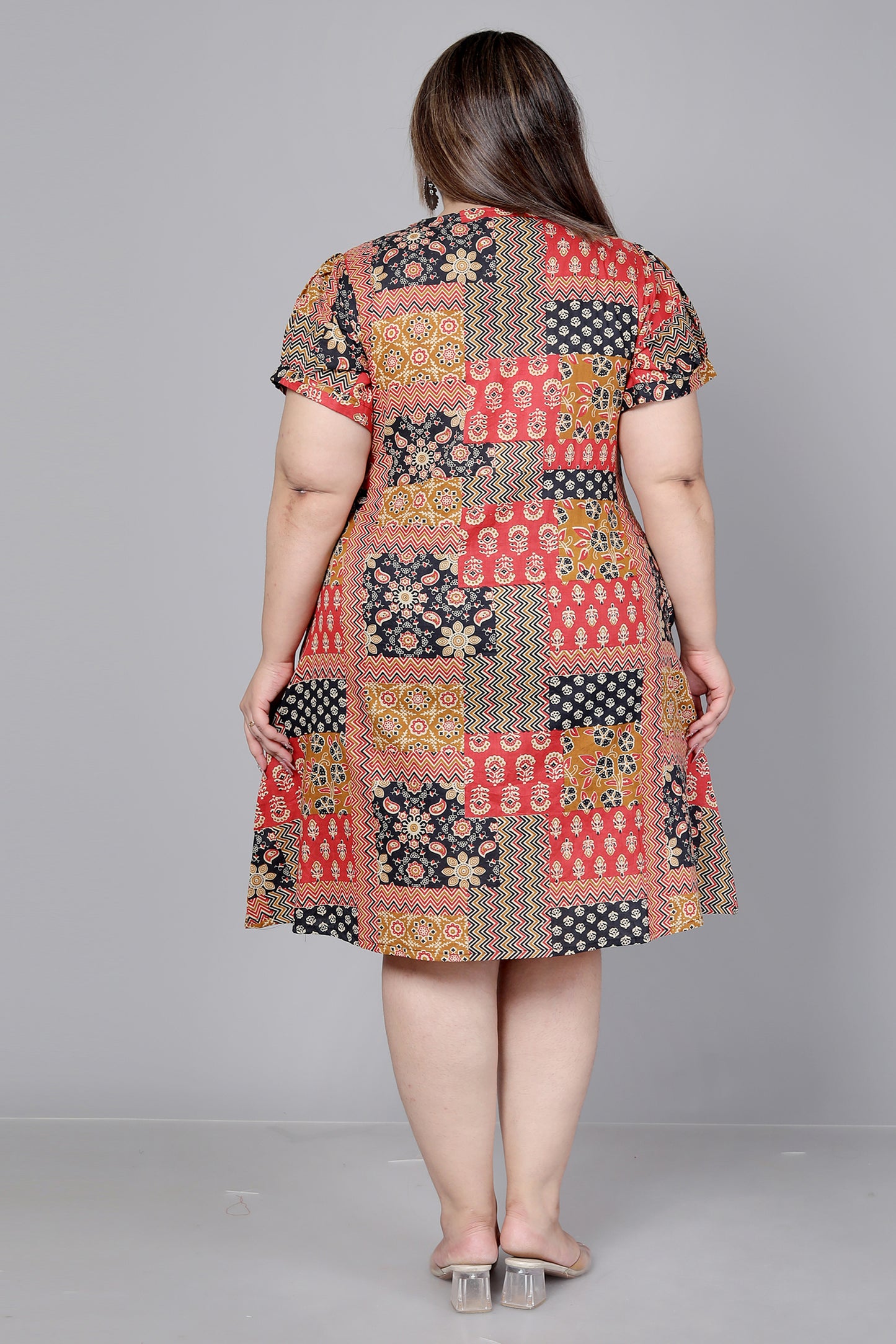 PATCHWORK MOTIF PRINT COTTON DRESS IN MUSTARD BY PLUSSIZEKURTI