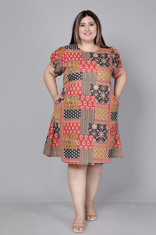 PATCHWORK MOTIF PRINT COTTON DRESS IN MUSTARD BY PLUSSIZEKURTI