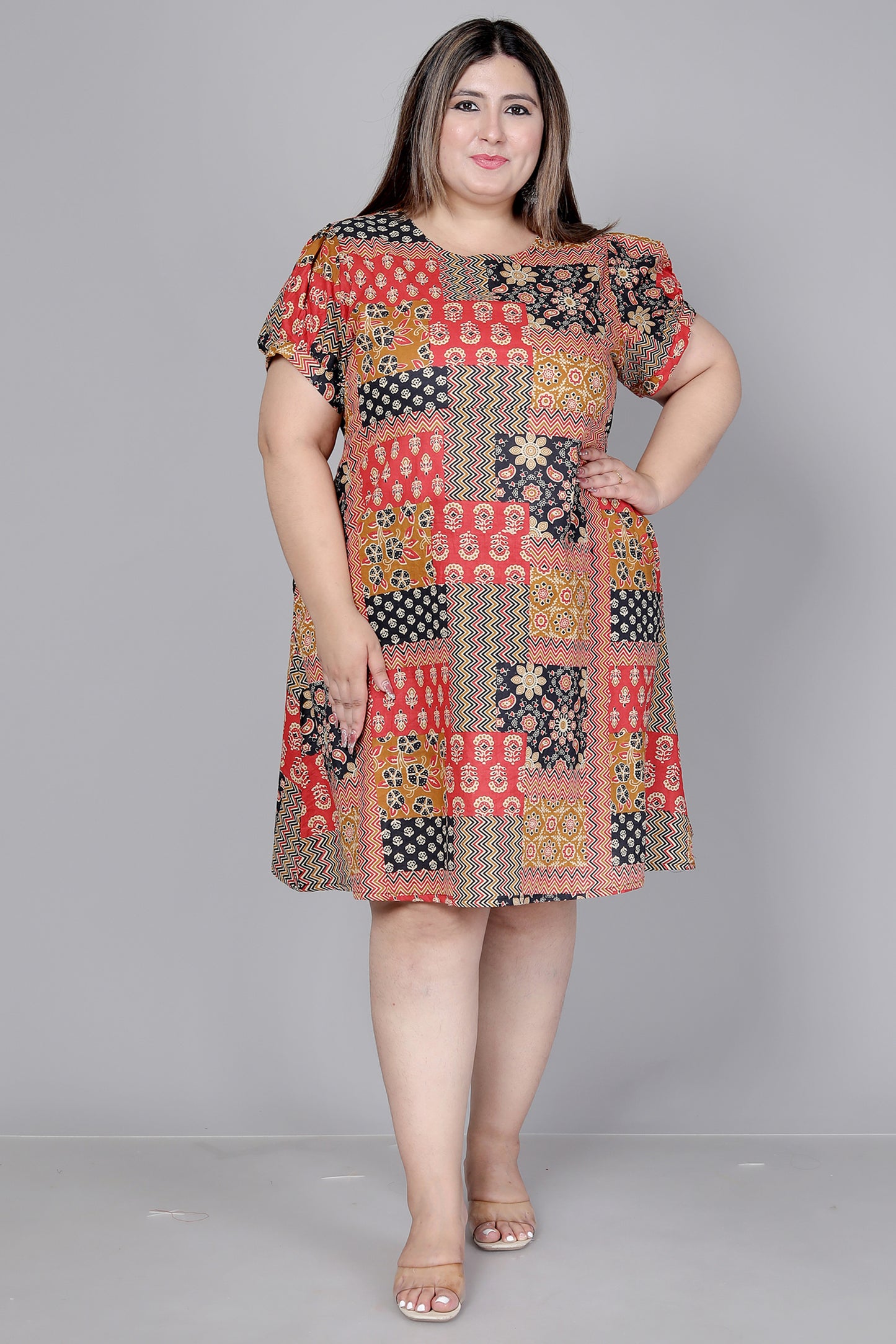 PATCHWORK MOTIF PRINT COTTON DRESS IN MUSTARD BY PLUSSIZEKURTI