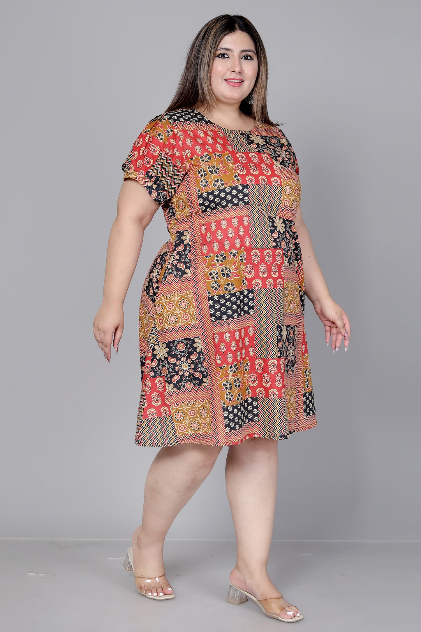 PATCHWORK MOTIF PRINT COTTON DRESS IN MUSTARD BY PLUSSIZEKURTI