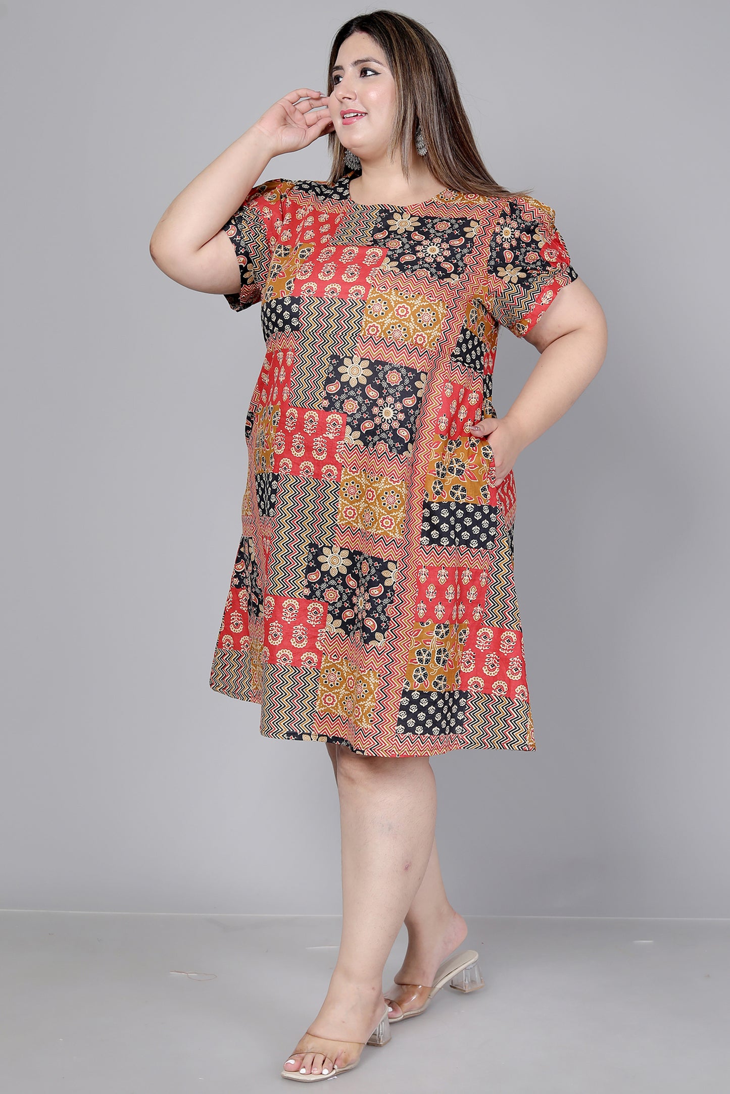 PATCHWORK MOTIF PRINT COTTON DRESS IN MUSTARD BY PLUSSIZEKURTI