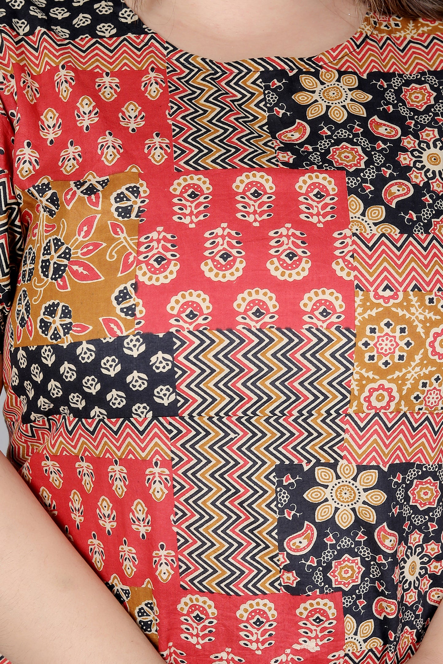 PATCHWORK MOTIF PRINT COTTON DRESS IN MUSTARD BY PLUSSIZEKURTI
