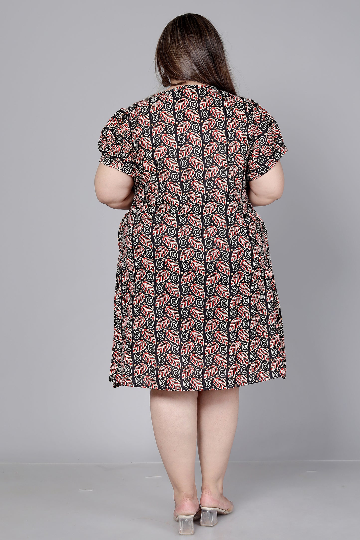 LEAF MOTIF PRINT COTTON DRESS IN BLACK BY PLUSSIZEKURTI