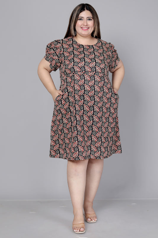 LEAF MOTIF PRINT COTTON DRESS IN BLACK BY PLUSSIZEKURTI