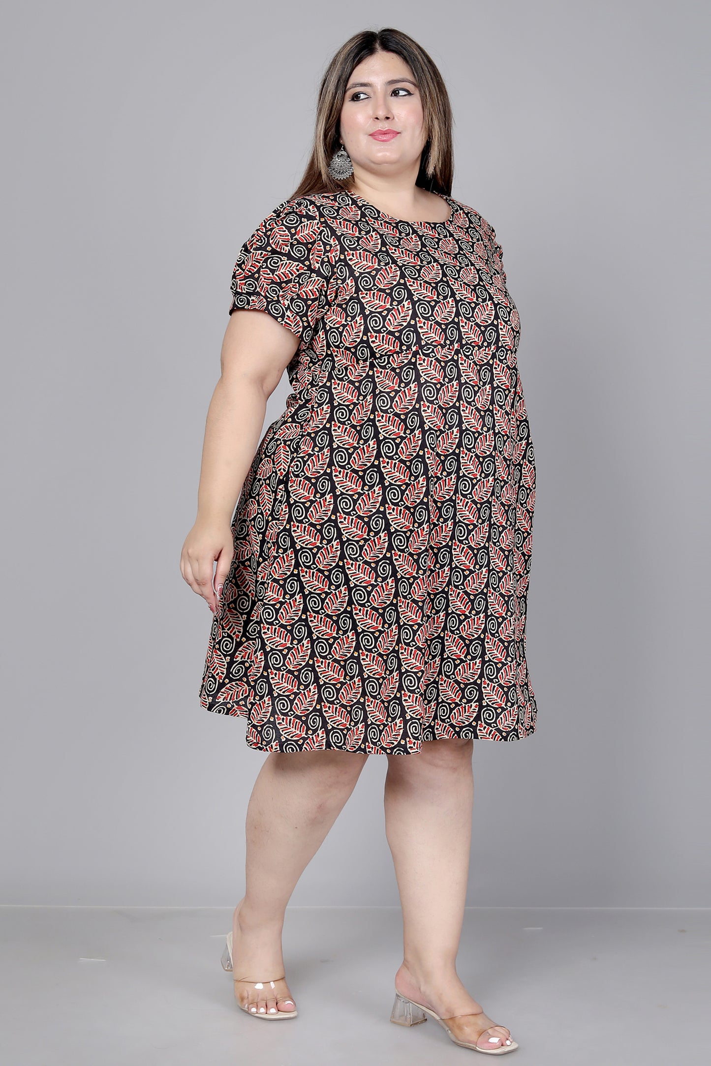 LEAF MOTIF PRINT COTTON DRESS IN BLACK BY PLUSSIZEKURTI