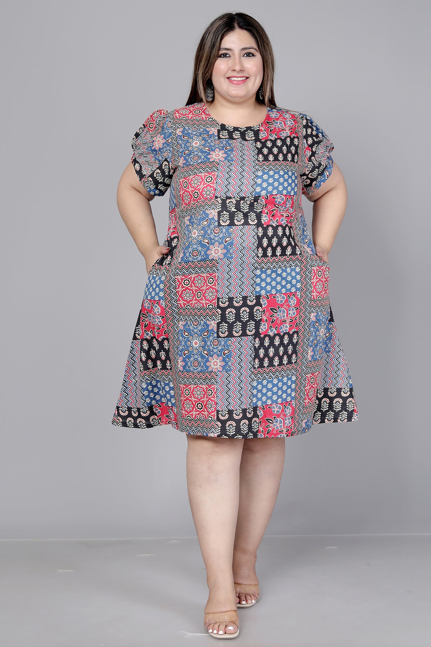 PATCHWORK PRINT COTTON DRESS IN MULTICOLOR BY PLUSSIZEKURTI