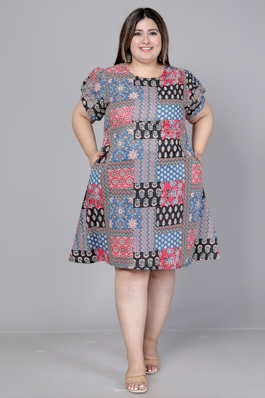 PATCHWORK PRINT COTTON DRESS IN MULTICOLOR BY PLUSSIZEKURTI