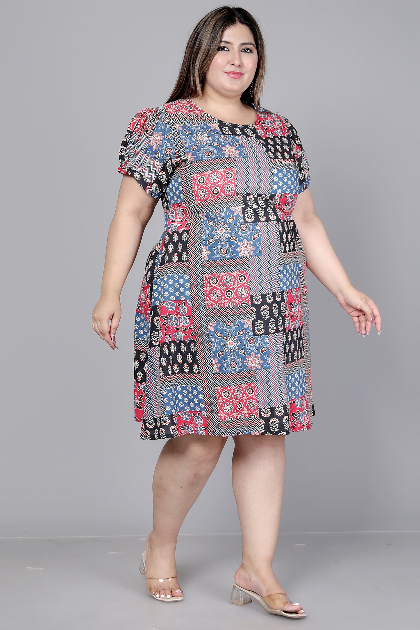 PATCHWORK PRINT COTTON DRESS IN MULTICOLOR BY PLUSSIZEKURTI