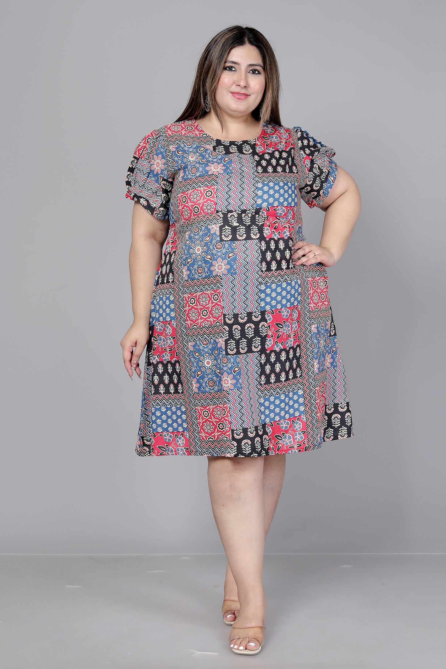 PATCHWORK PRINT COTTON DRESS IN MULTICOLOR BY PLUSSIZEKURTI