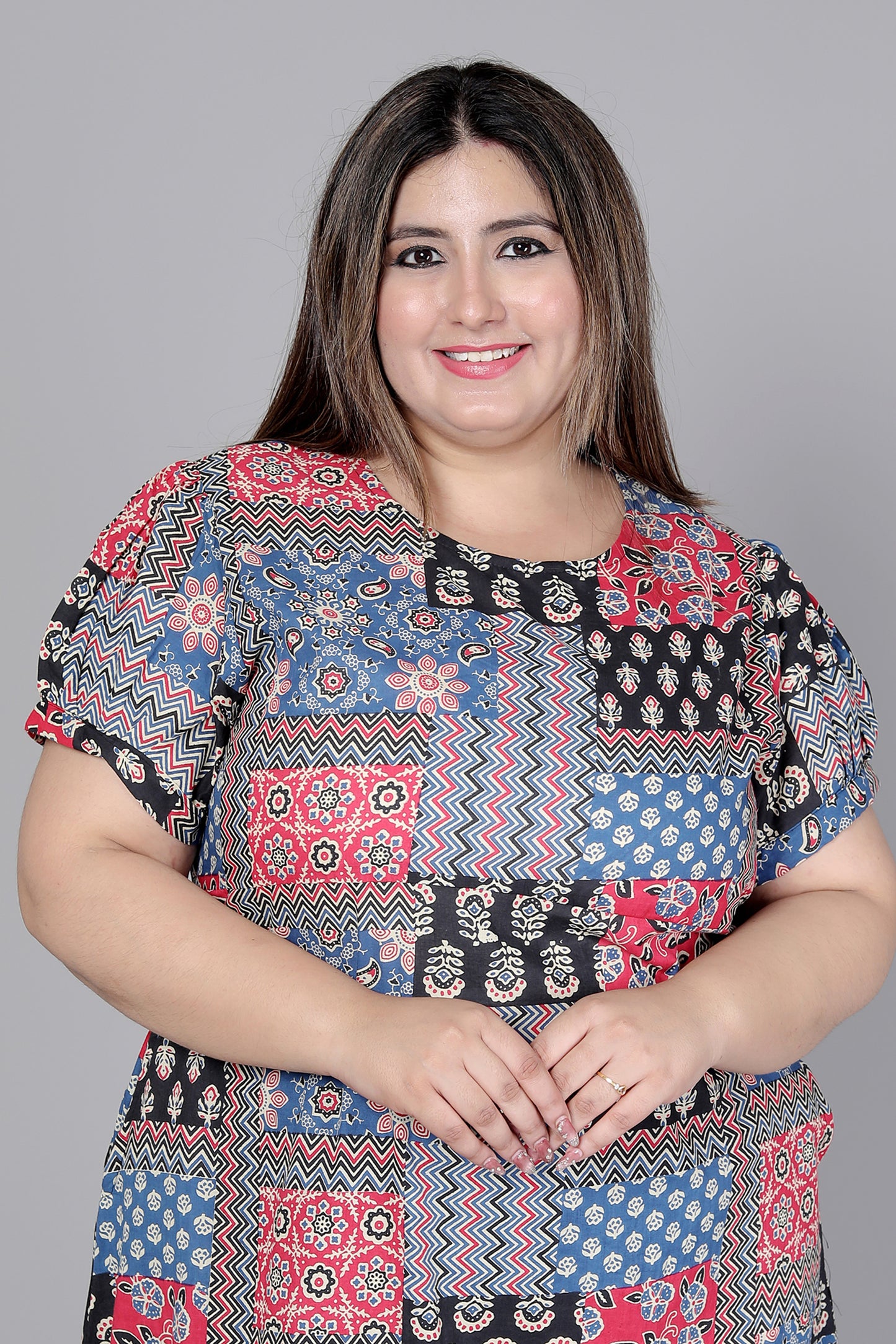 PATCHWORK PRINT COTTON DRESS IN MULTICOLOR BY PLUSSIZEKURTI