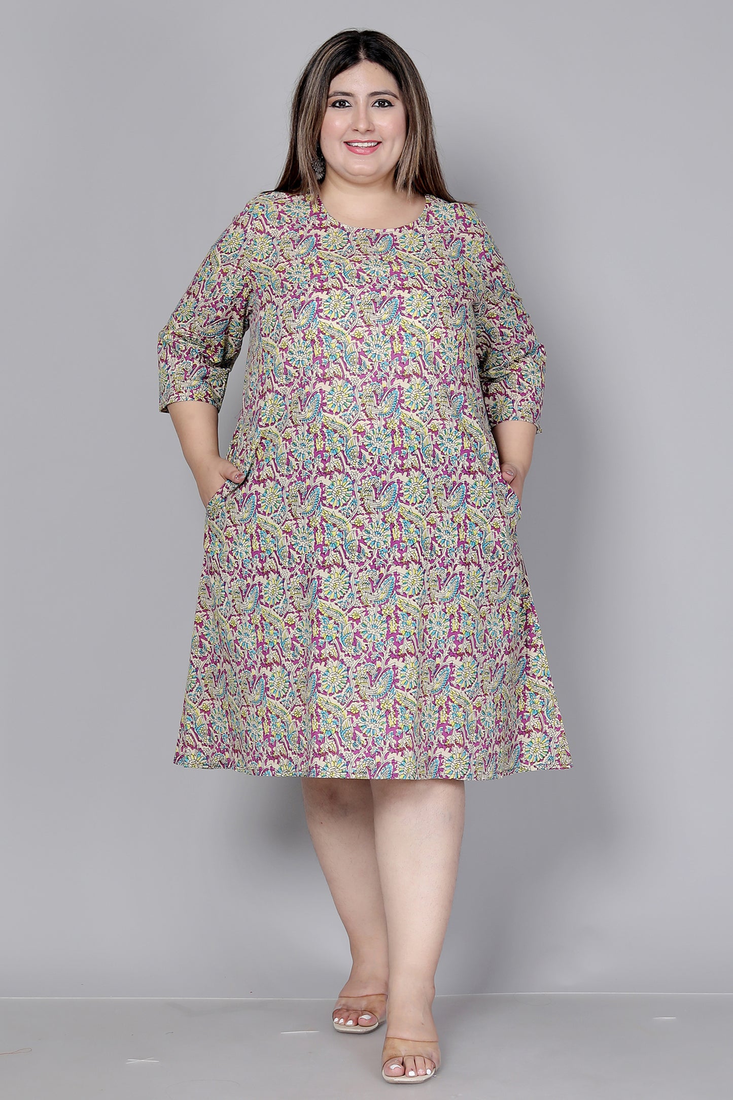 FLORAL AND BIRD MOTIF PRINT COTTON DRESS IN LIGHT MAGENTA BY PLUSSIZEKURTI
