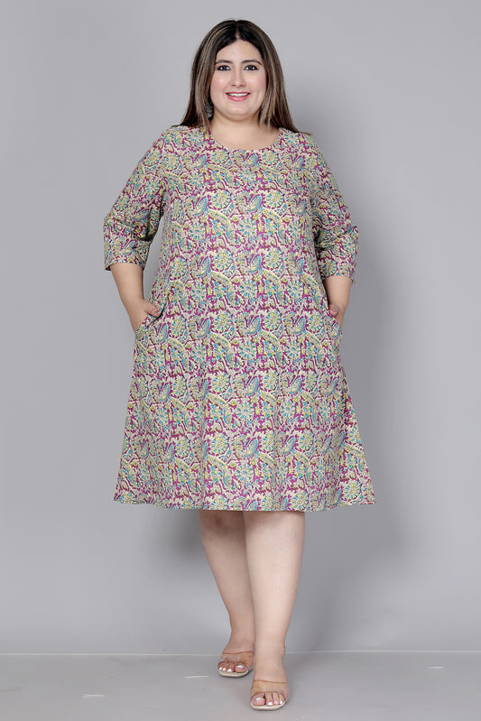 FLORAL AND BIRD MOTIF PRINT COTTON DRESS IN LIGHT MAGENTA BY PLUSSIZEKURTI