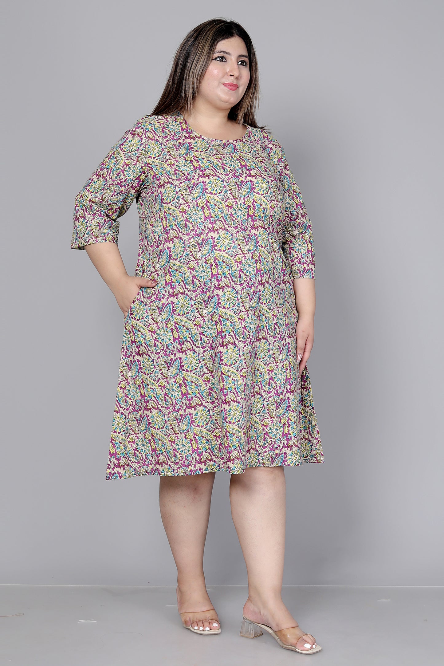 FLORAL AND BIRD MOTIF PRINT COTTON DRESS IN LIGHT MAGENTA BY PLUSSIZEKURTI