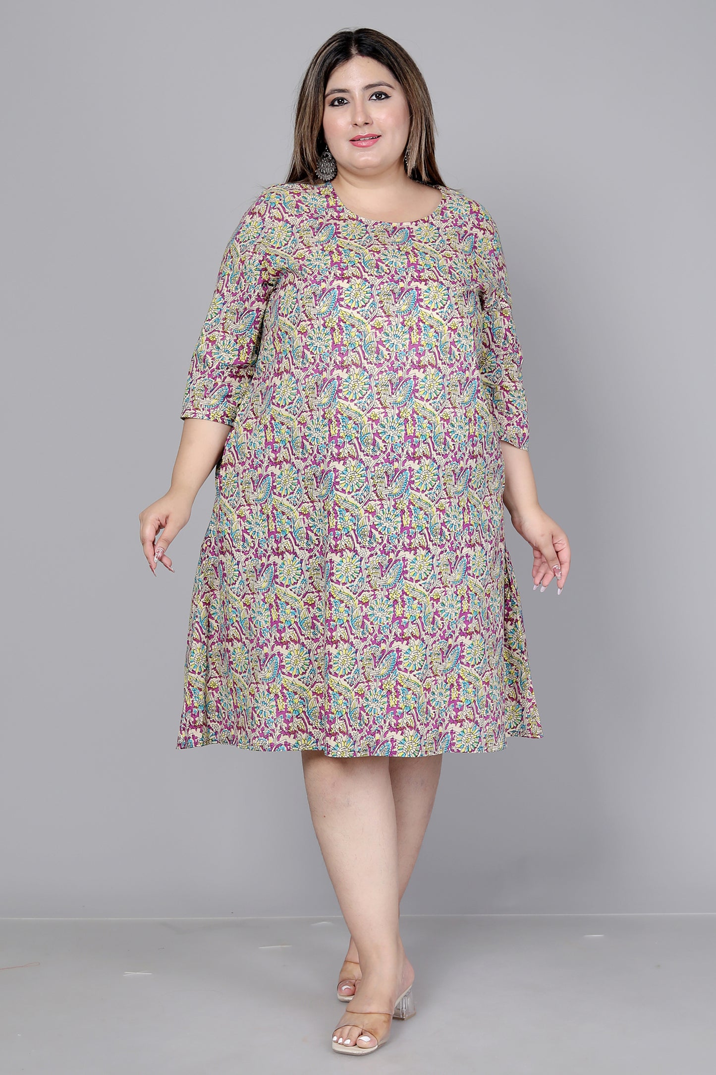 FLORAL AND BIRD MOTIF PRINT COTTON DRESS IN LIGHT MAGENTA BY PLUSSIZEKURTI