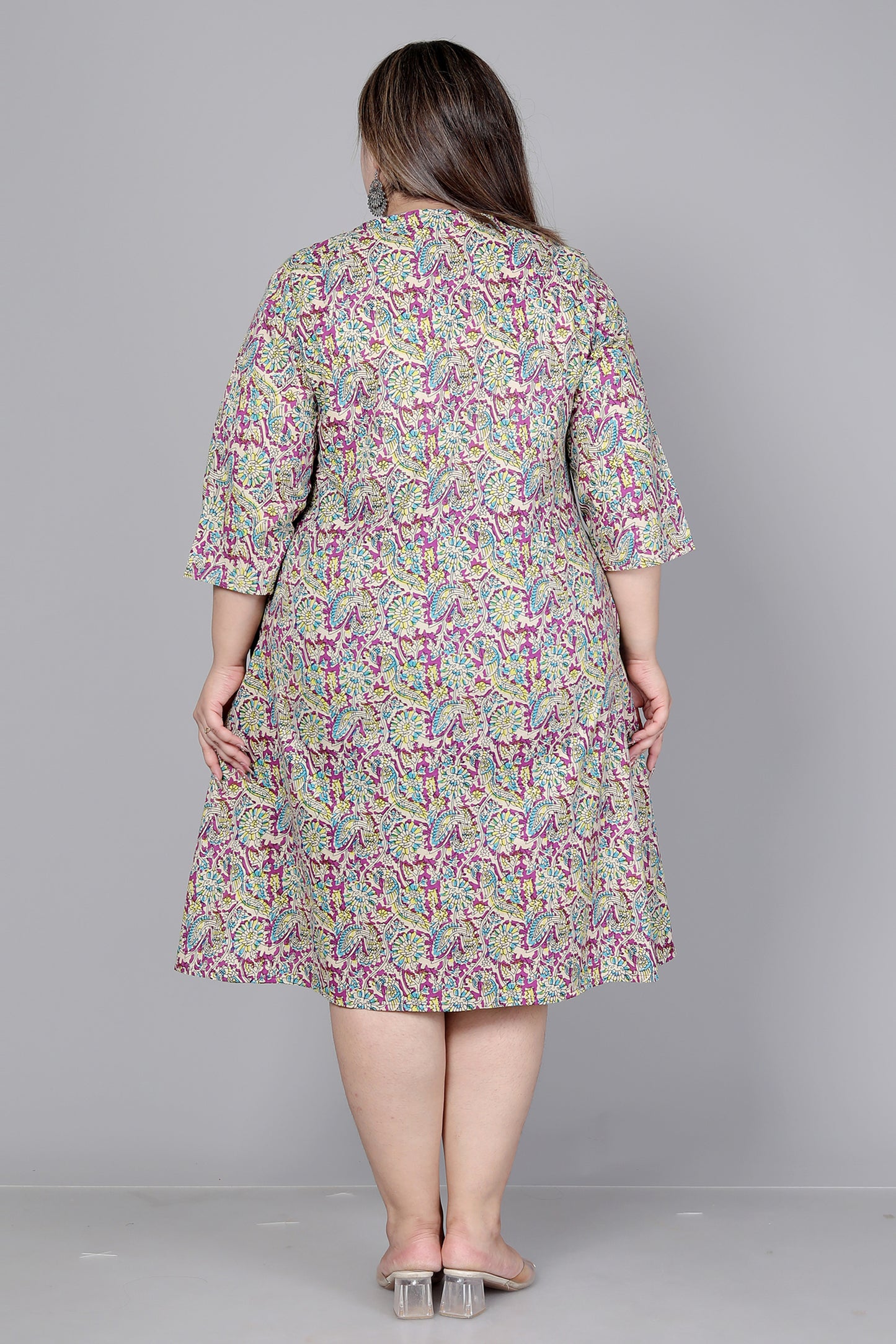 FLORAL AND BIRD MOTIF PRINT COTTON DRESS IN LIGHT MAGENTA BY PLUSSIZEKURTI