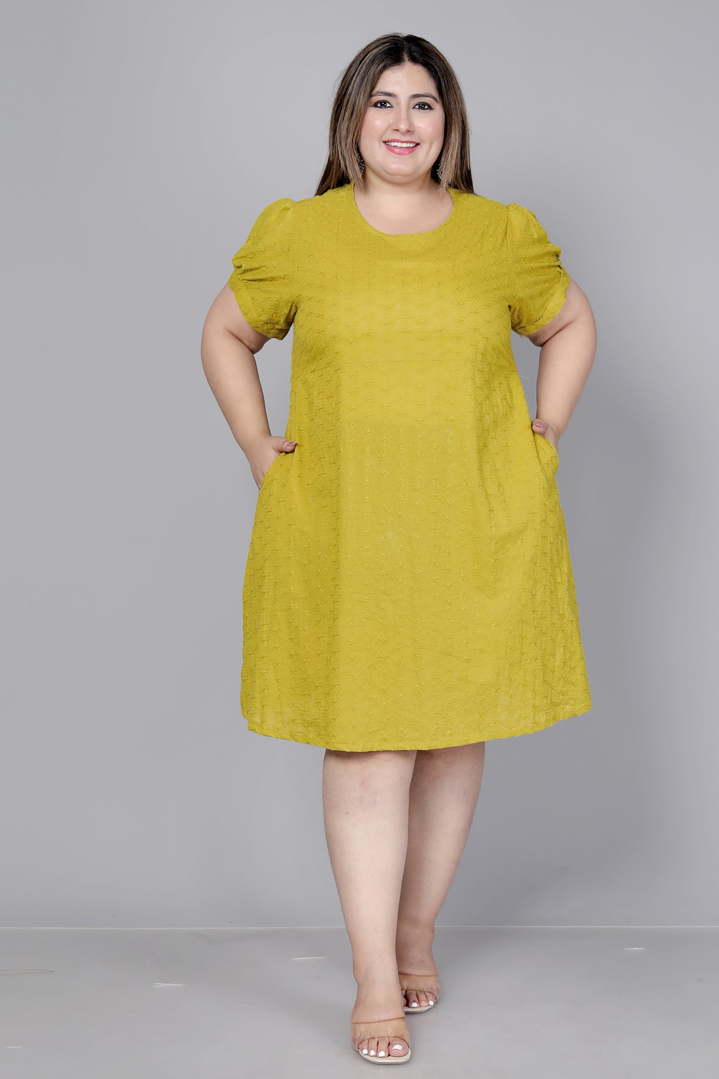 SCHIFFLI EMBROIDERY COTTON DRESS IN SUNLIT MUSTARD BY PLUSSIZEKURTI