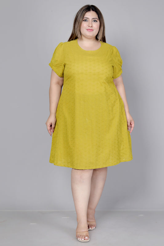 SCHIFFLI EMBROIDERY COTTON DRESS IN SUNLIT MUSTARD BY PLUSSIZEKURTI