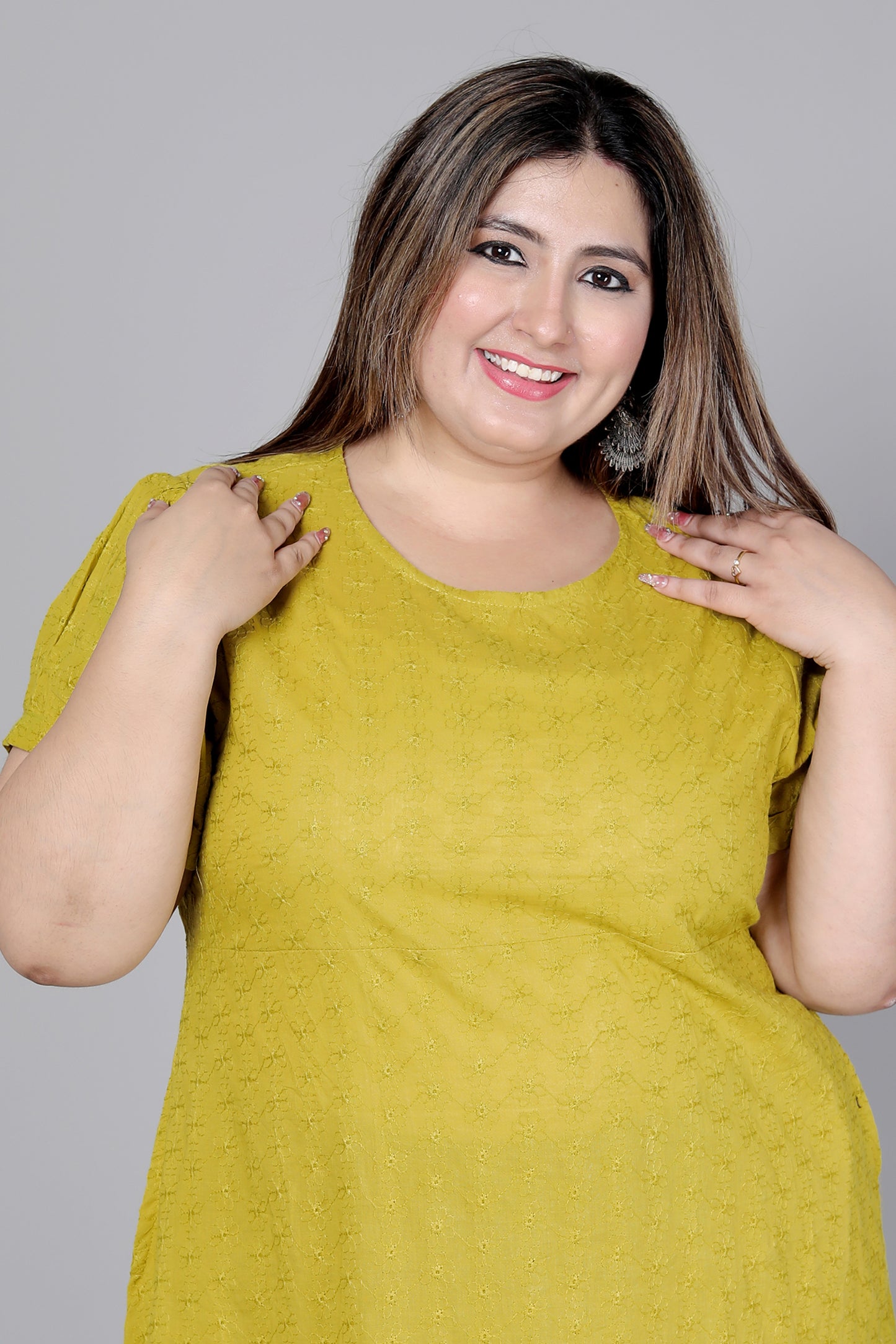 SCHIFFLI EMBROIDERY COTTON DRESS IN SUNLIT MUSTARD BY PLUSSIZEKURTI