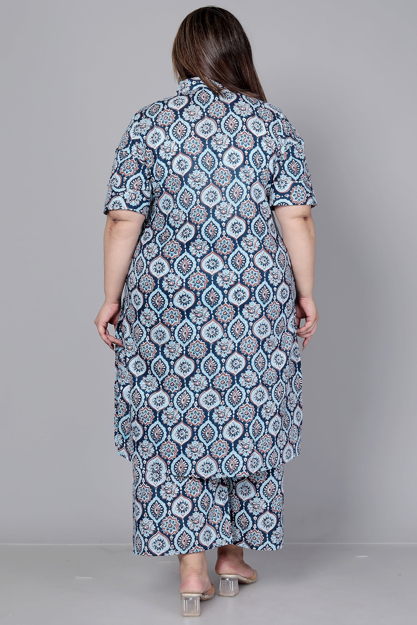 MUGAL MOTIF PRINT COTTON 2 PEICE KURTA PLAZZO IN BLUE/WHITE BY PLUSSIZEKURTI