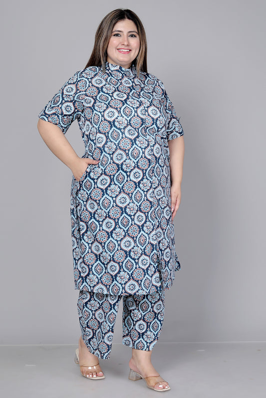 MUGAL MOTIF PRINT COTTON 2 PEICE KURTA PLAZZO IN BLUE/WHITE BY PLUSSIZEKURTI