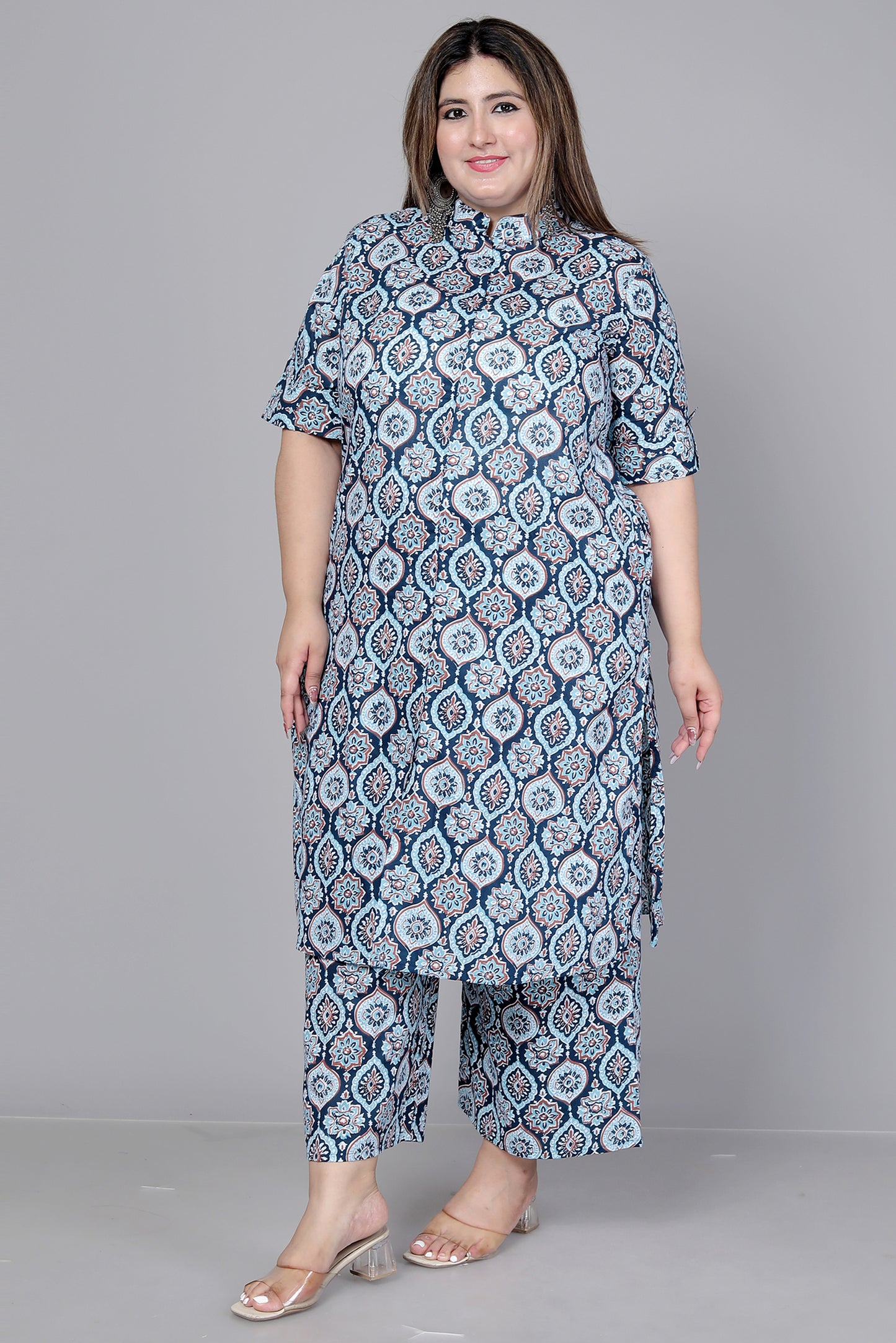 MUGAL MOTIF PRINT COTTON 2 PEICE KURTA PLAZZO IN BLUE/WHITE BY PLUSSIZEKURTI