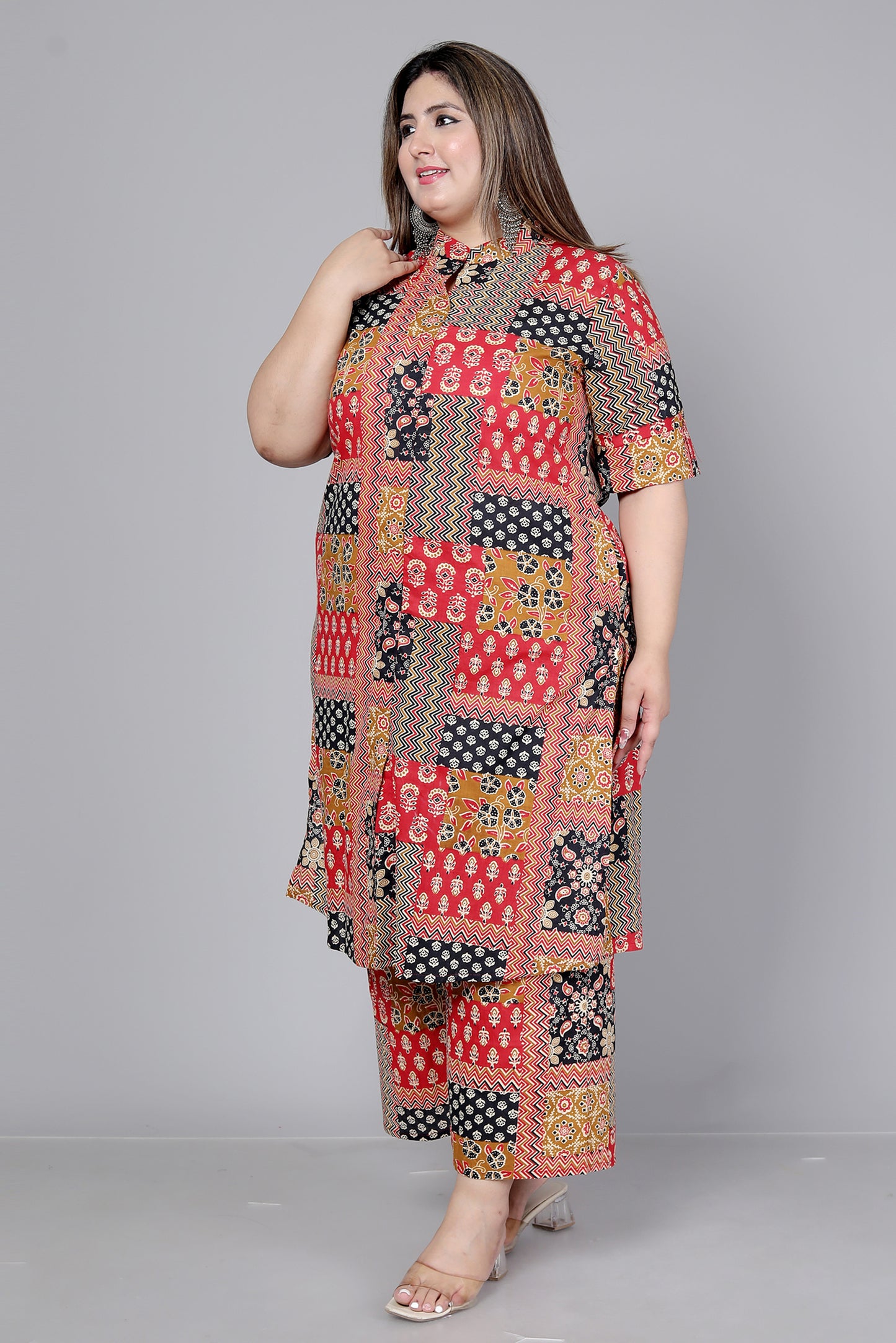 GEOMETRIC PRINT COTTON 2 PEICE KURTA PLAZZO IN MUSTARD BY PLUSSIZEKURTI