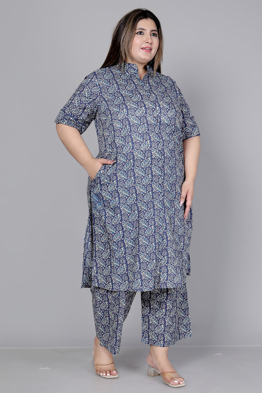 PAISLEY BLOCK PRINT COTTON 2 PEICE KURTA PLAZZO IN INDIGO BLUE BY PLUSSIZEKURTI