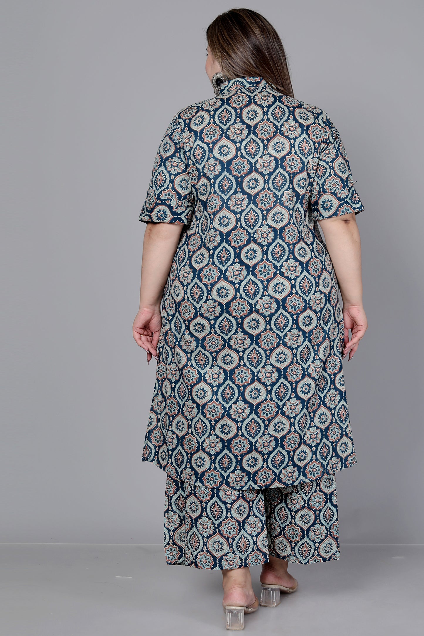 MUGAL MOTIF PRINT COTTON 2 PEICE KURTA PLAZZO IN NAVYBLUE/BEIGE BY PLUSSIZEKURTI