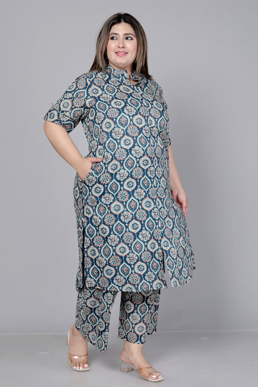 MUGAL MOTIF PRINT COTTON 2 PEICE KURTA PLAZZO IN NAVYBLUE/BEIGE BY PLUSSIZEKURTI