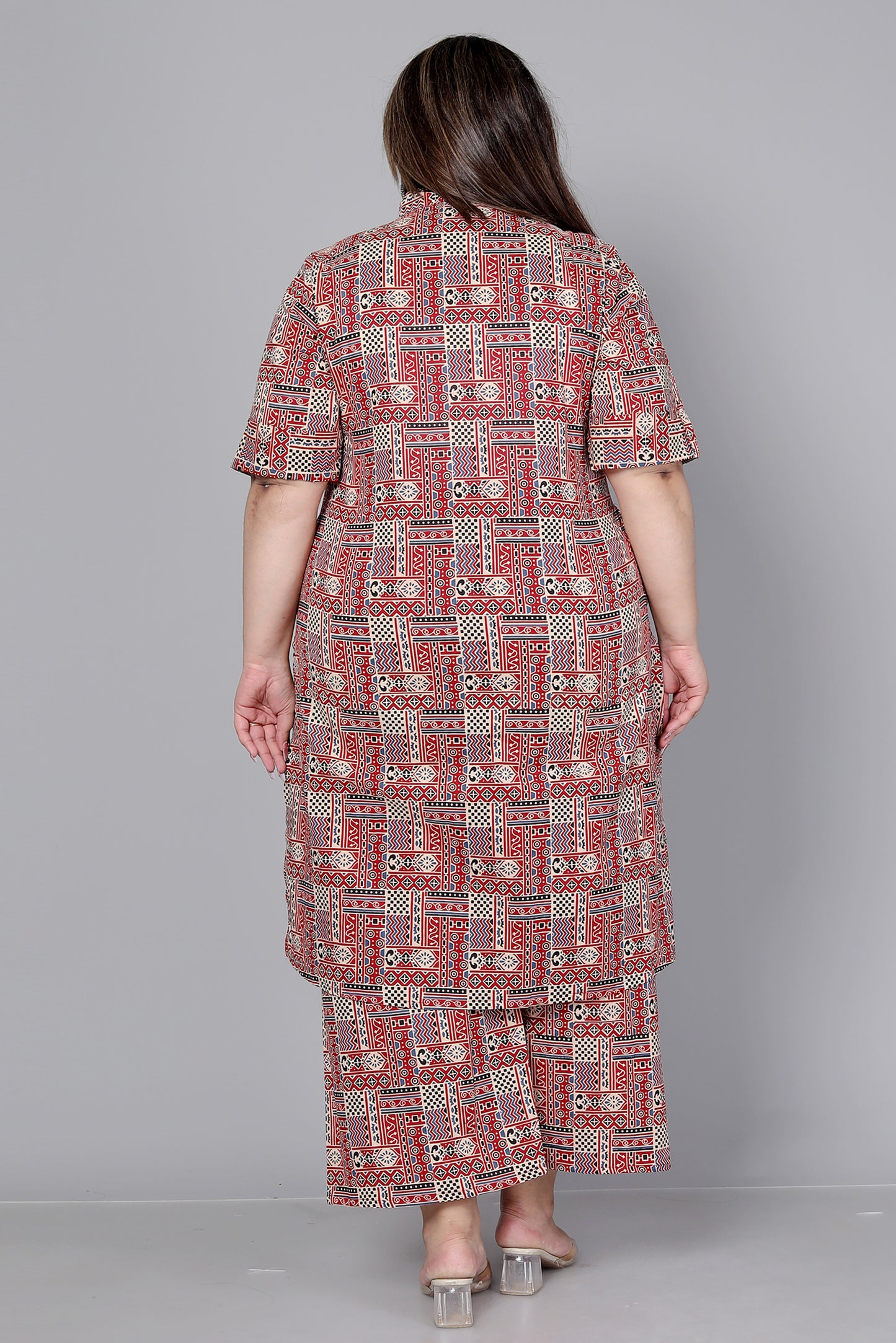 TRIBAL GEOMETRIC PRINT COTTON 2 PEICE KURTA PLAZZO IN RUST/BEIGE BY PLUSSIZEKURTI
