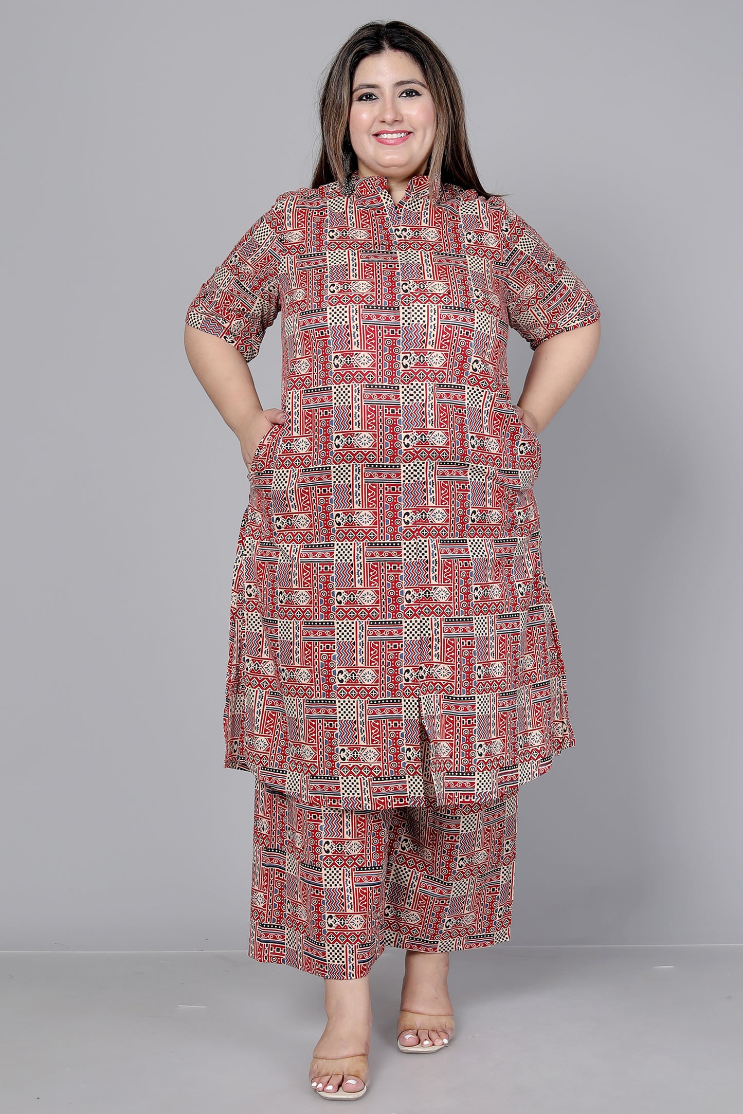 TRIBAL GEOMETRIC PRINT COTTON 2 PEICE KURTA PLAZZO IN RUST/BEIGE BY PLUSSIZEKURTI