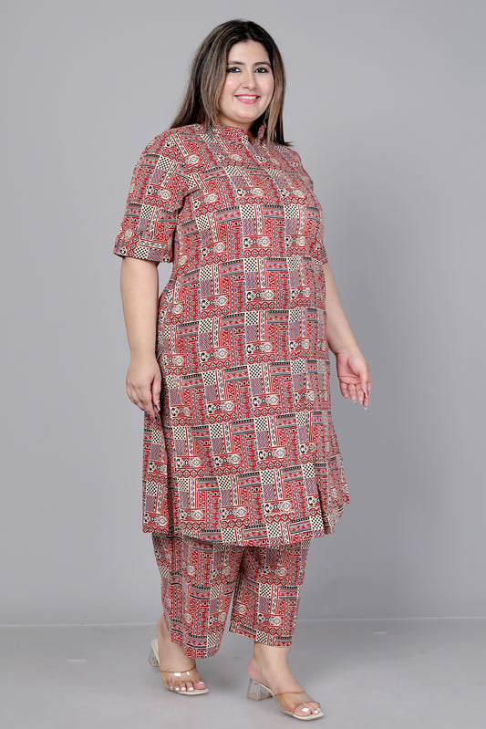 TRIBAL GEOMETRIC PRINT COTTON 2 PEICE KURTA PLAZZO IN RUST/BEIGE BY PLUSSIZEKURTI
