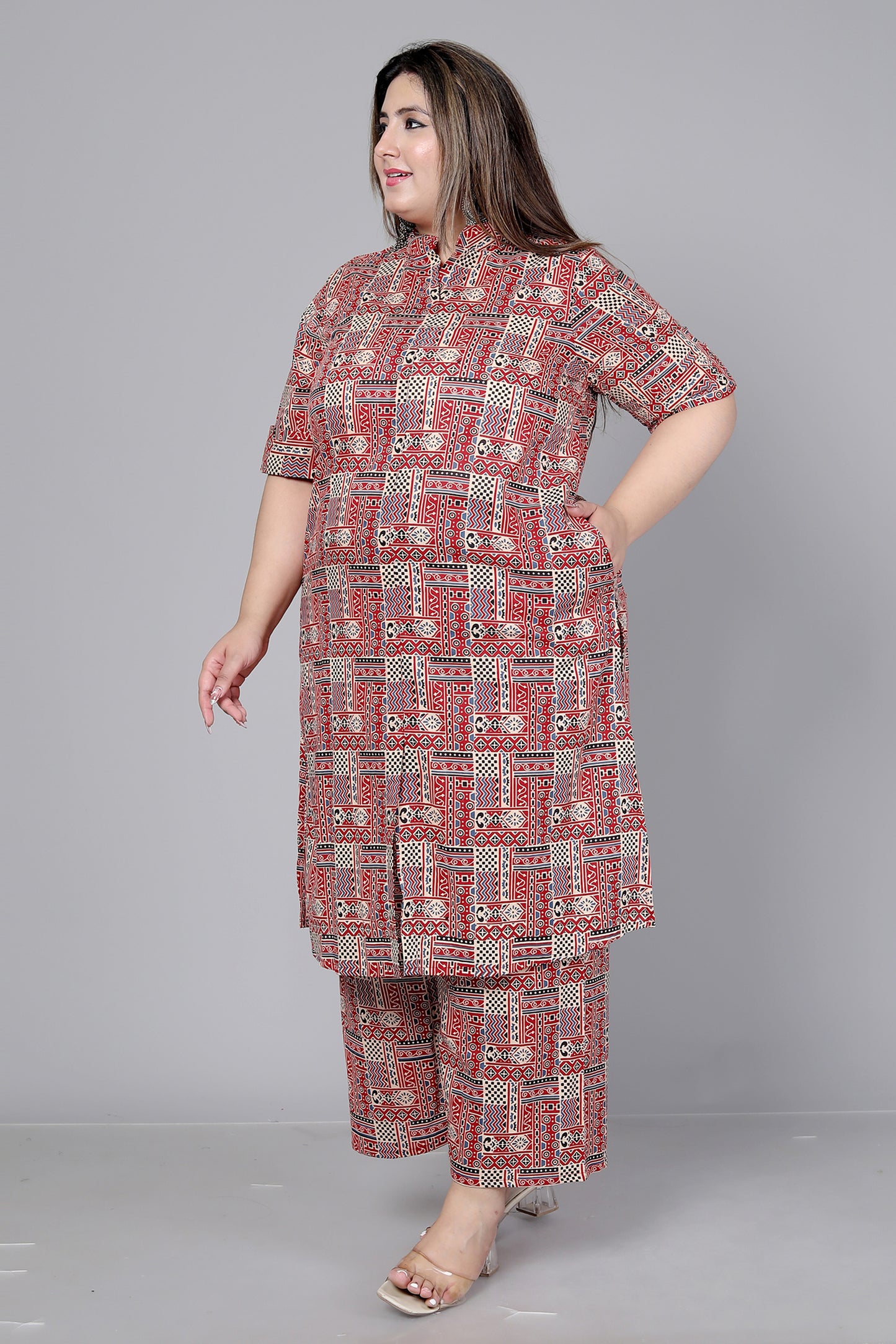 TRIBAL GEOMETRIC PRINT COTTON 2 PEICE KURTA PLAZZO IN RUST/BEIGE BY PLUSSIZEKURTI