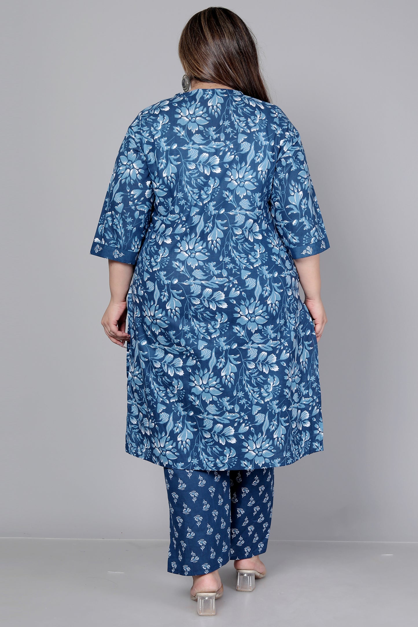 FLORAL PRINT COTTON 3 PEICE KURTA PANT IN BLUE BY PLUSSIZEKURTI