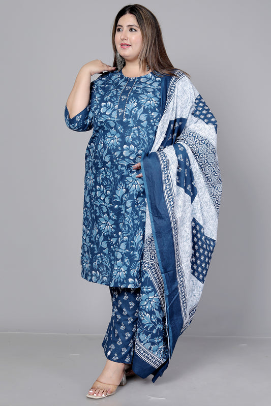 FLORAL PRINT COTTON 3 PEICE KURTA PANT IN BLUE BY PLUSSIZEKURTI