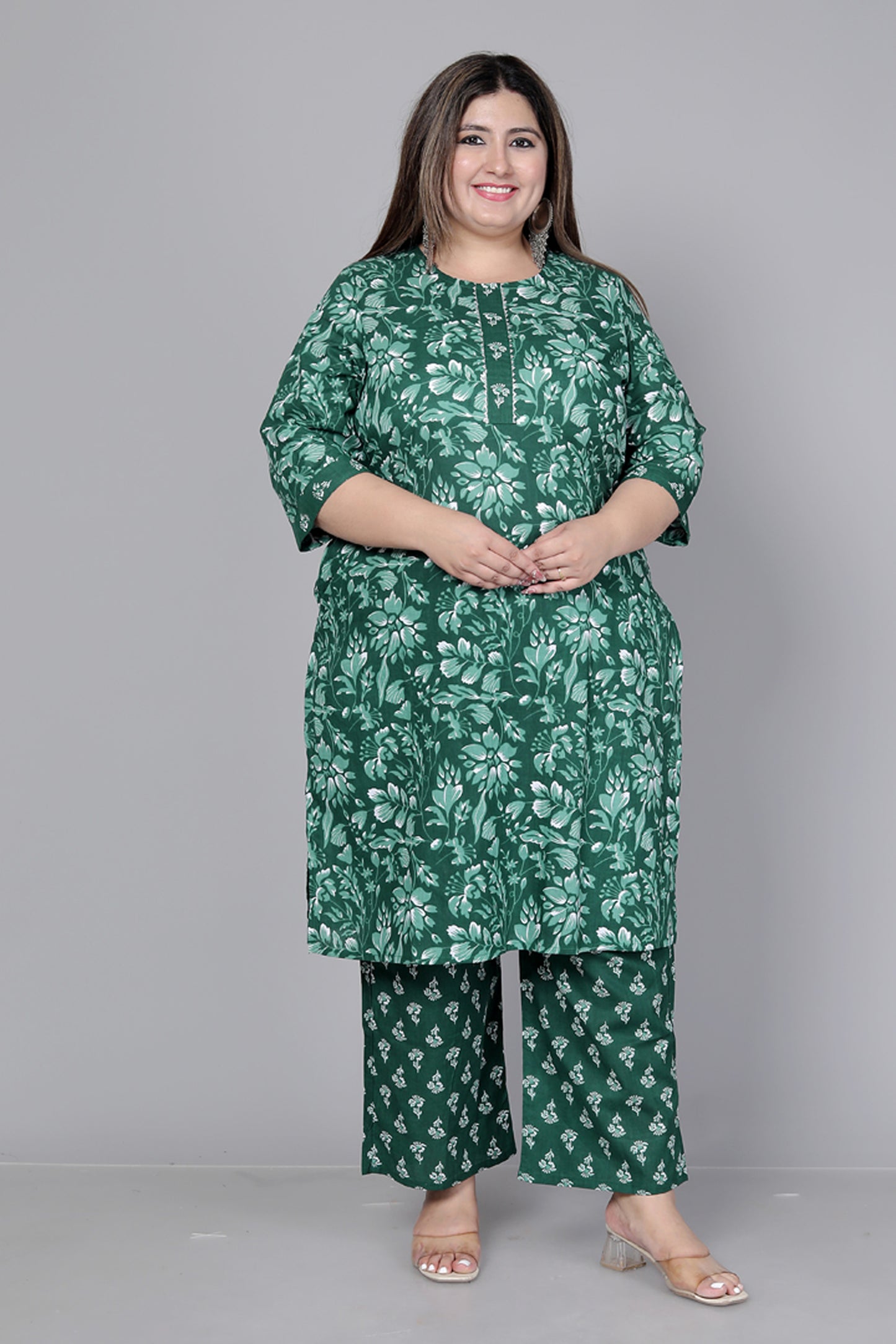 FLORAL PRINT COTTON 3 PEICE KURTA PANT IN GREEN BY PLUSSIZEKURTI