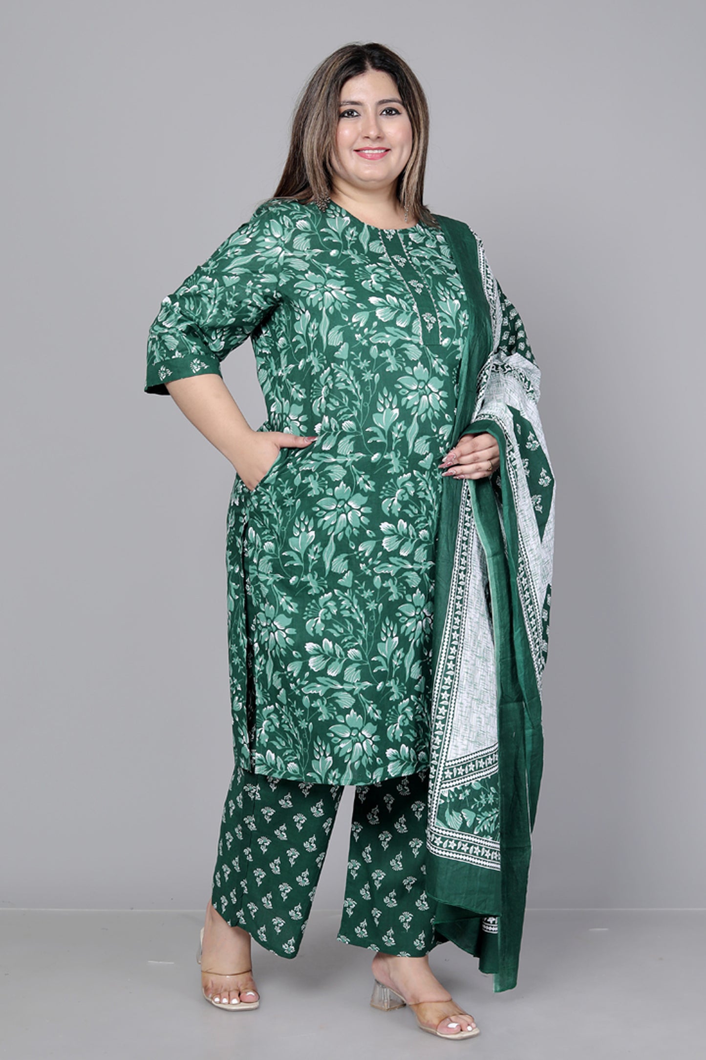 FLORAL PRINT COTTON 3 PEICE KURTA PANT IN GREEN BY PLUSSIZEKURTI