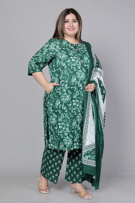 FLORAL PRINT COTTON 3 PEICE KURTA PANT IN GREEN BY PLUSSIZEKURTI