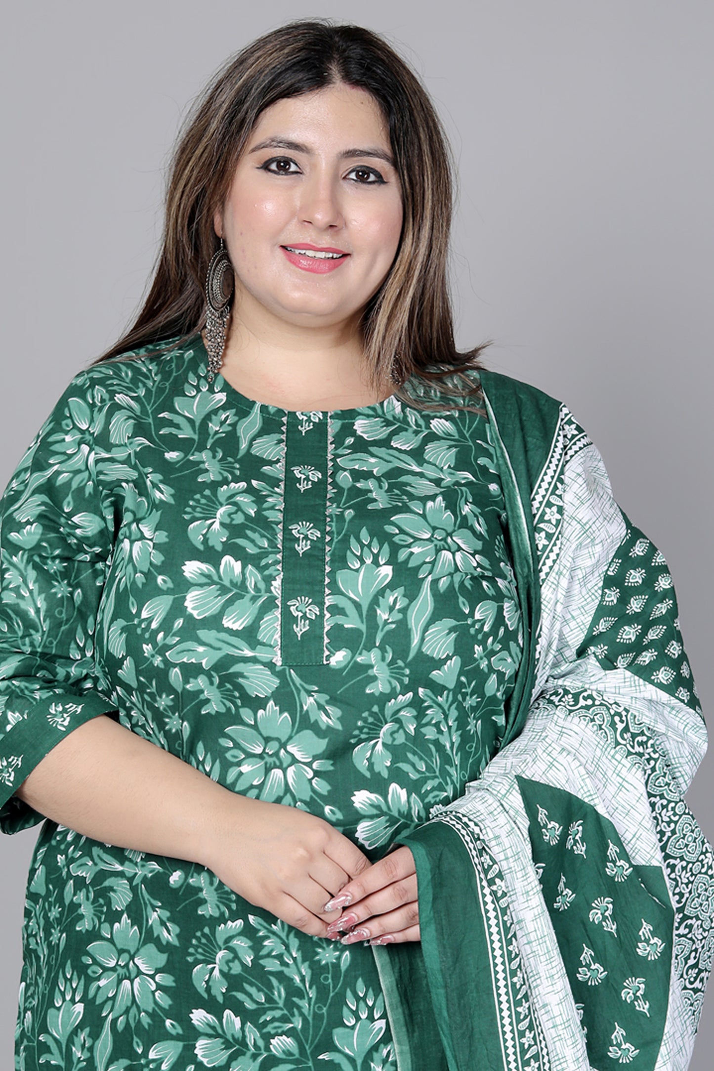 FLORAL PRINT COTTON 3 PEICE KURTA PANT IN GREEN BY PLUSSIZEKURTI