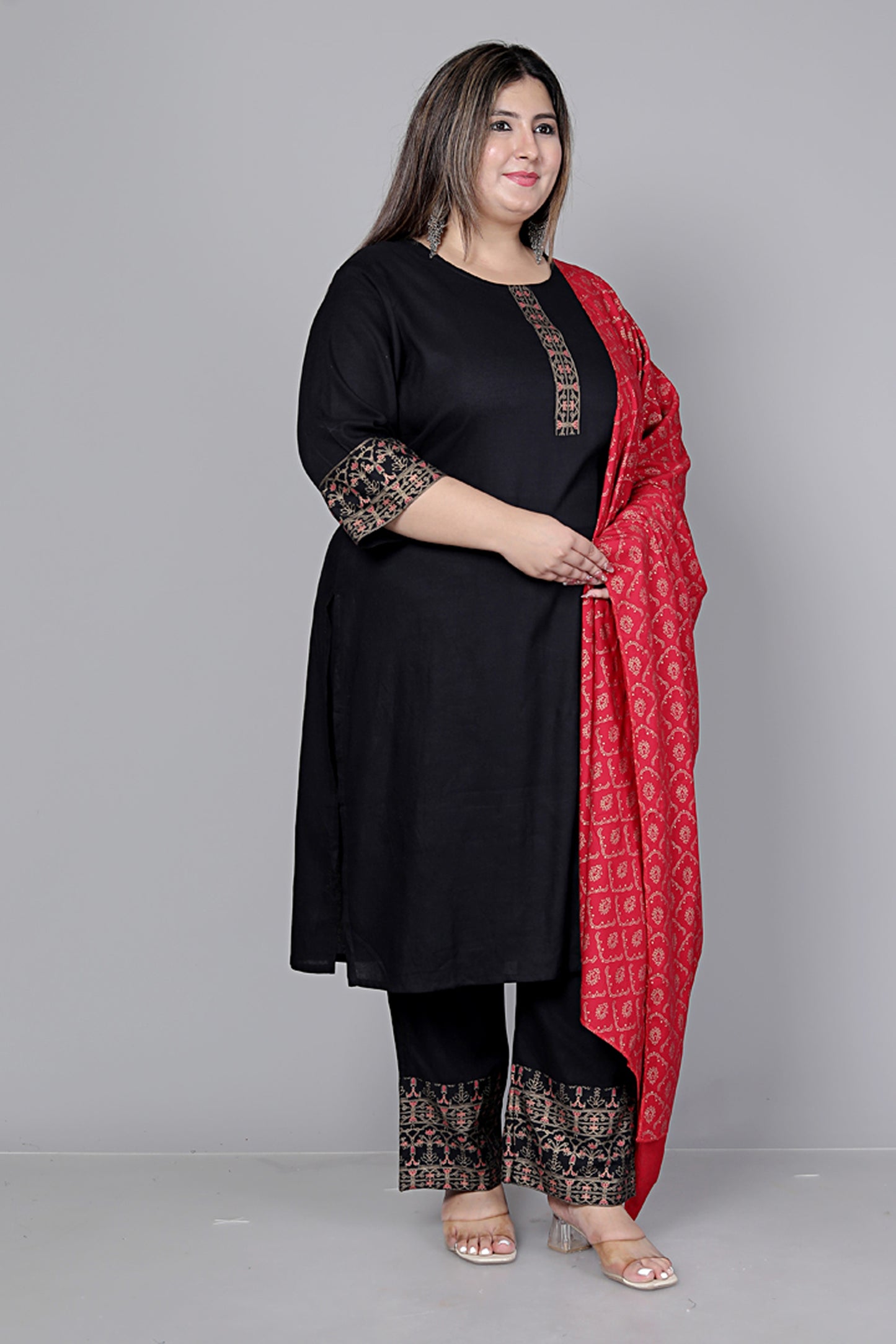 SOLID FOIL PRINT COTTON 3 PEICE KURTA PANT IN BLACK BY PLUSSIZEKURTI