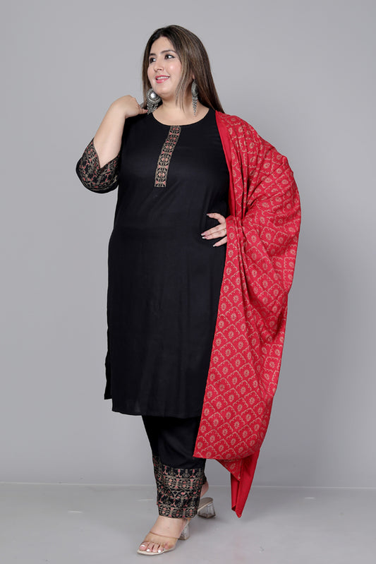 SOLID FOIL PRINT COTTON 3 PEICE KURTA PANT IN BLACK BY PLUSSIZEKURTI