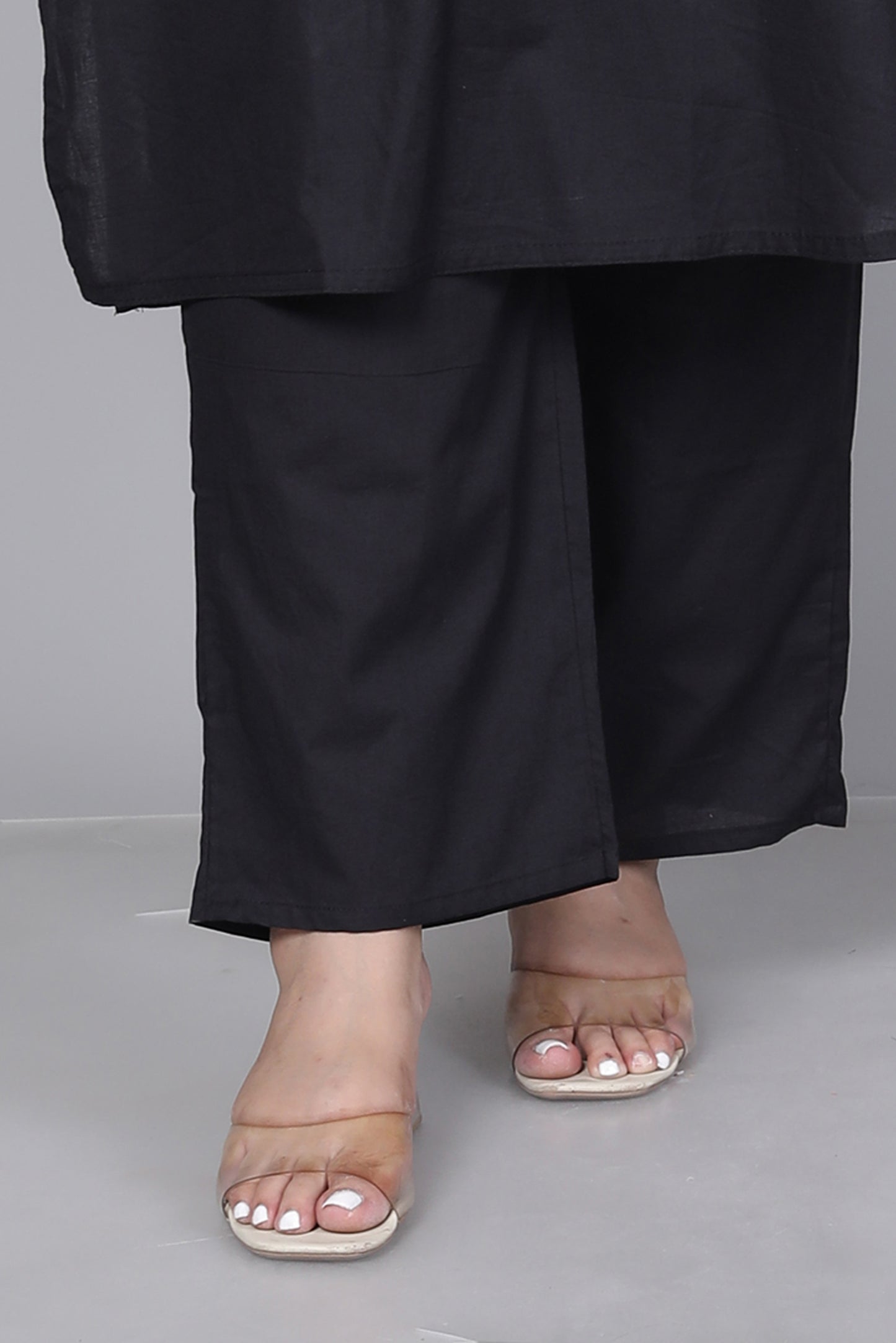 TRIBEL GEOMETRIC SOLID COTTON 3 PEICE KURTI PANT SET IN BLACK BY PLUSSIZEKURTI