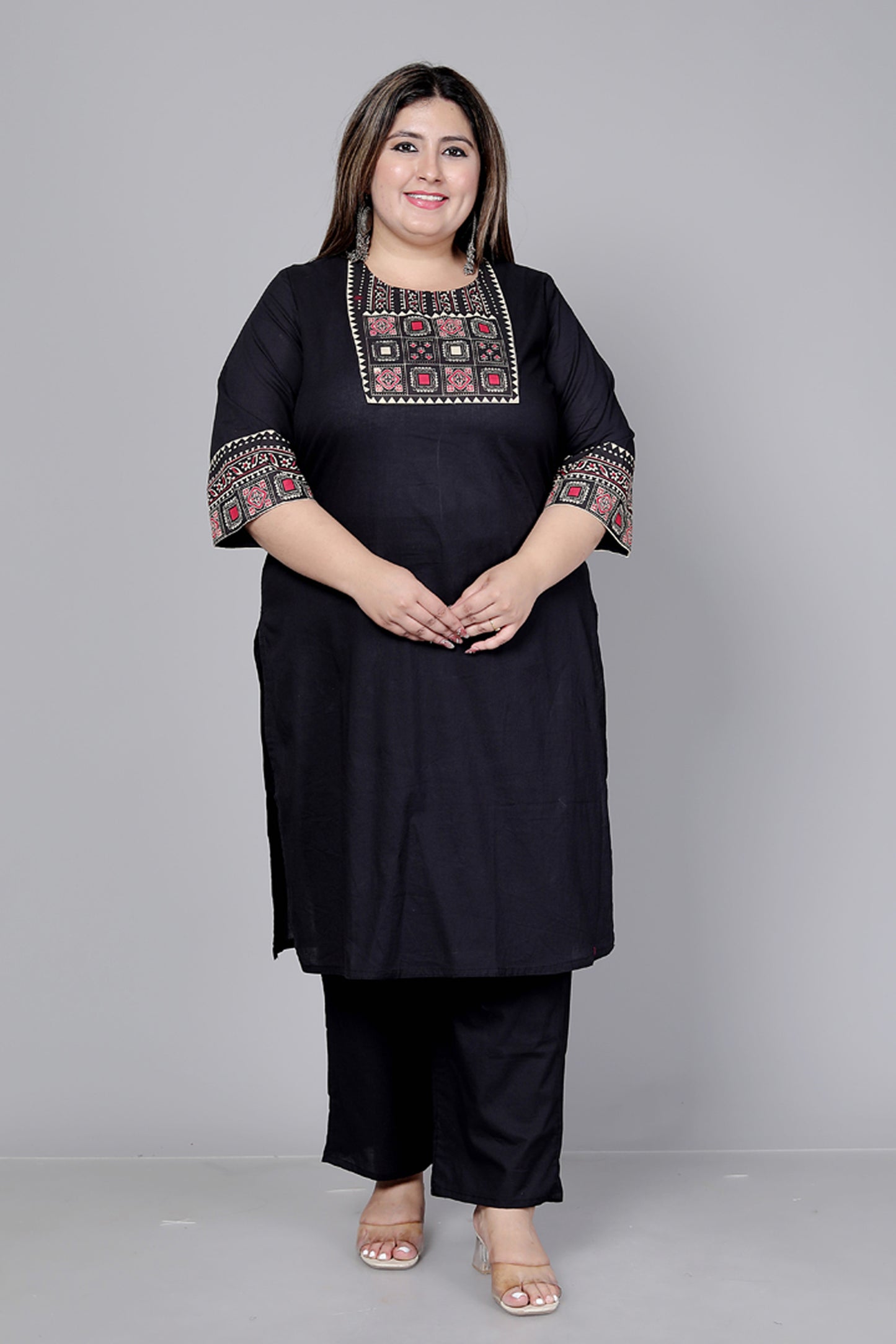 TRIBEL GEOMETRIC SOLID COTTON 3 PEICE KURTI PANT SET IN BLACK BY PLUSSIZEKURTI