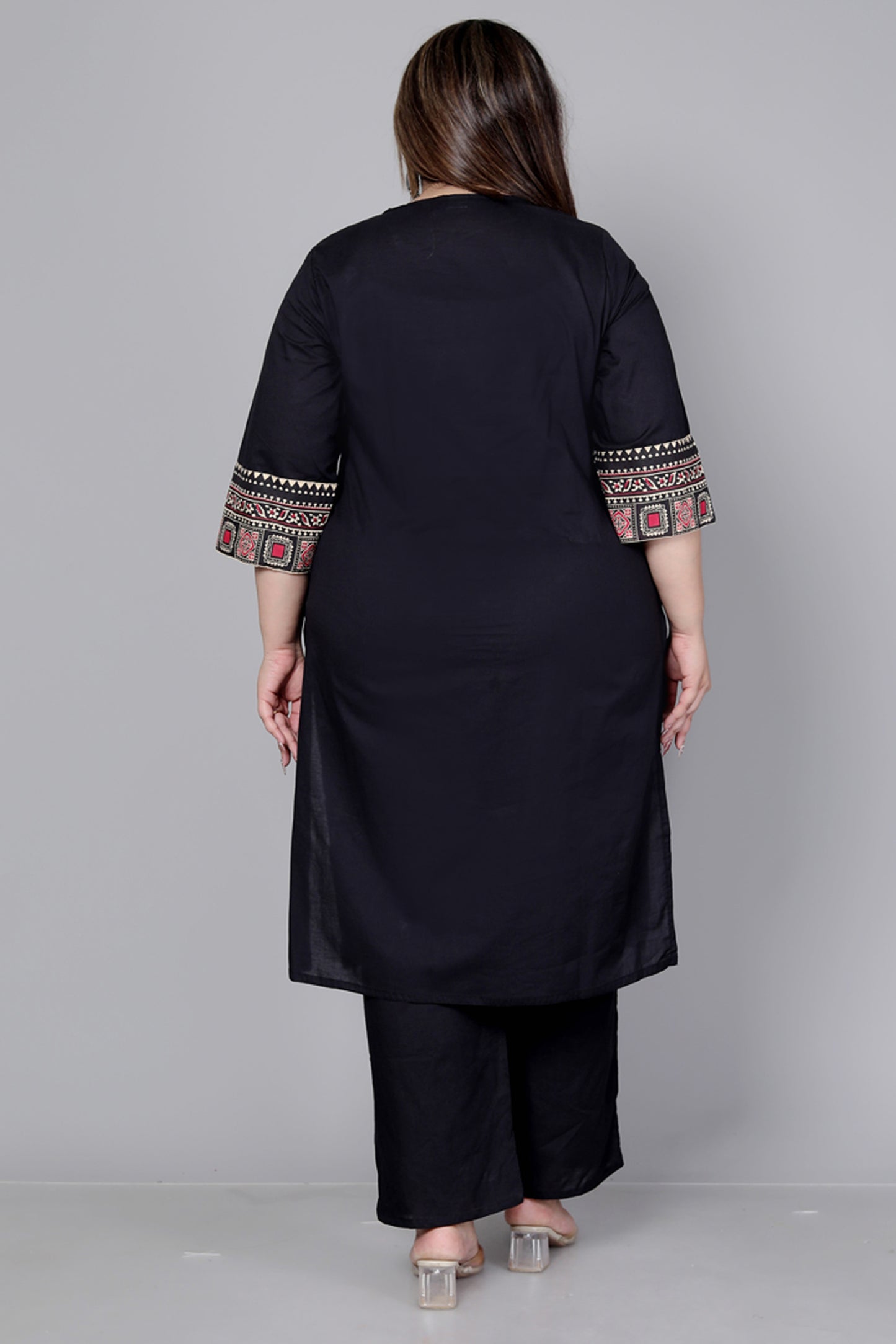 TRIBEL GEOMETRIC SOLID COTTON 3 PEICE KURTI PANT SET IN BLACK BY PLUSSIZEKURTI