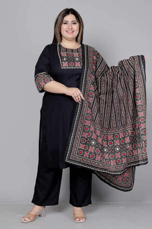 TRIBEL GEOMETRIC SOLID COTTON 3 PEICE KURTI PANT SET IN BLACK BY PLUSSIZEKURTI