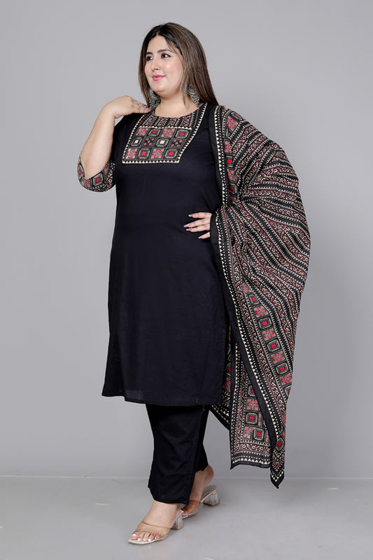 TRIBEL GEOMETRIC SOLID COTTON 3 PEICE KURTI PANT SET IN BLACK BY PLUSSIZEKURTI