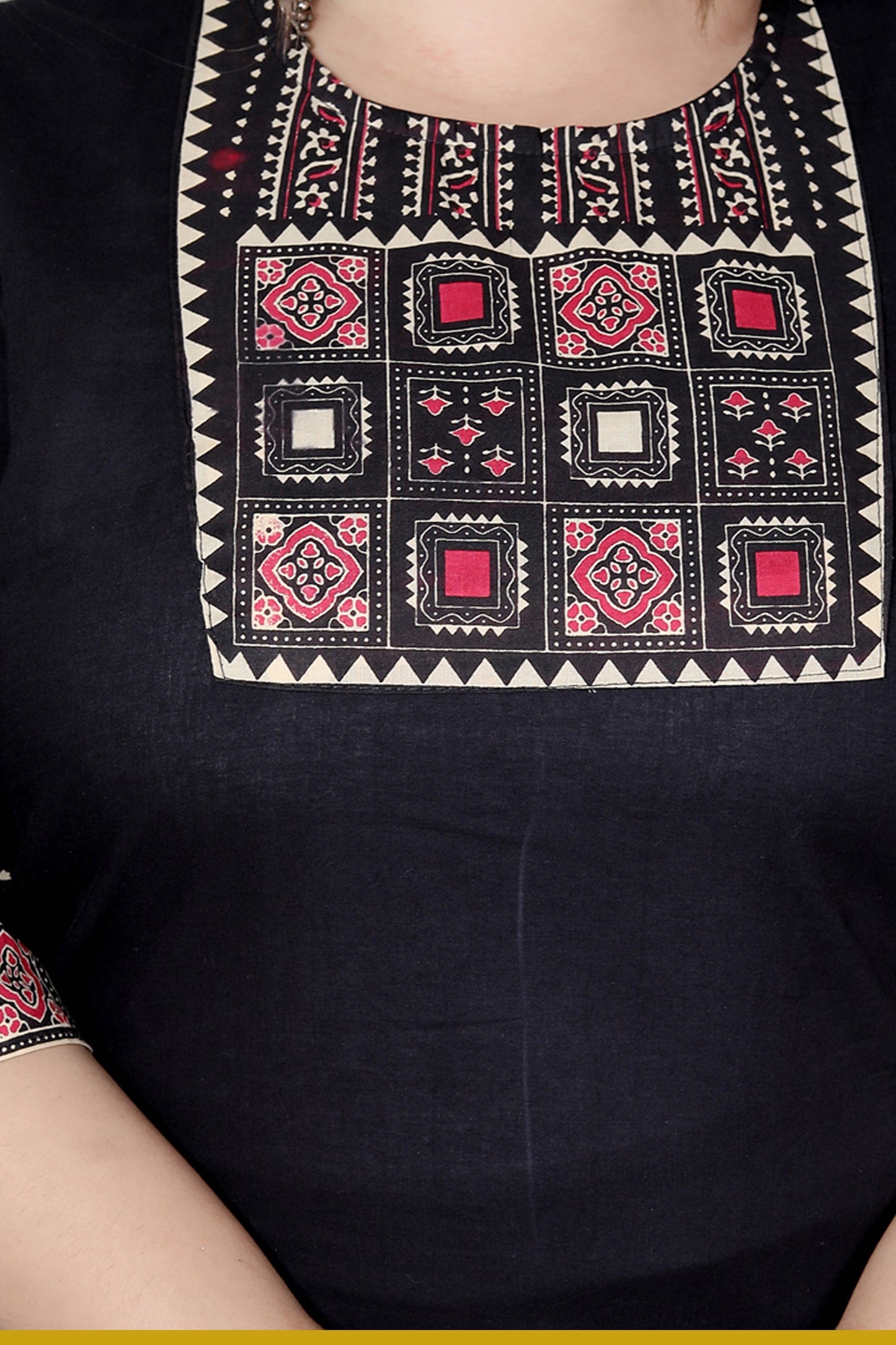 TRIBEL GEOMETRIC SOLID COTTON 3 PEICE KURTI PANT SET IN BLACK BY PLUSSIZEKURTI