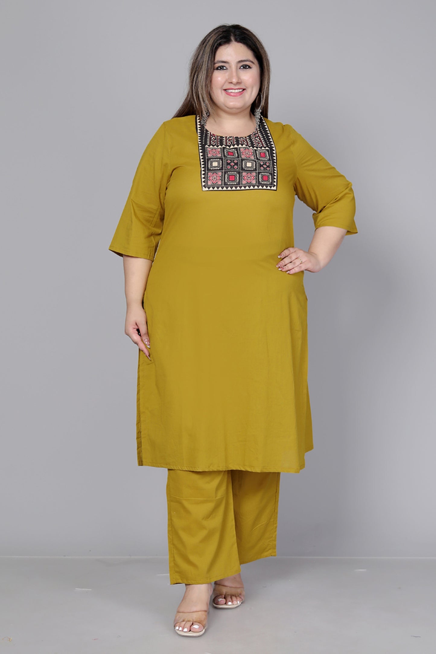 TRIBEL GEOMETRIC SOLID COTTON 3 PEICE KURTI PANT SET IN MUSTURD BY PLUSSIZEKURTI
