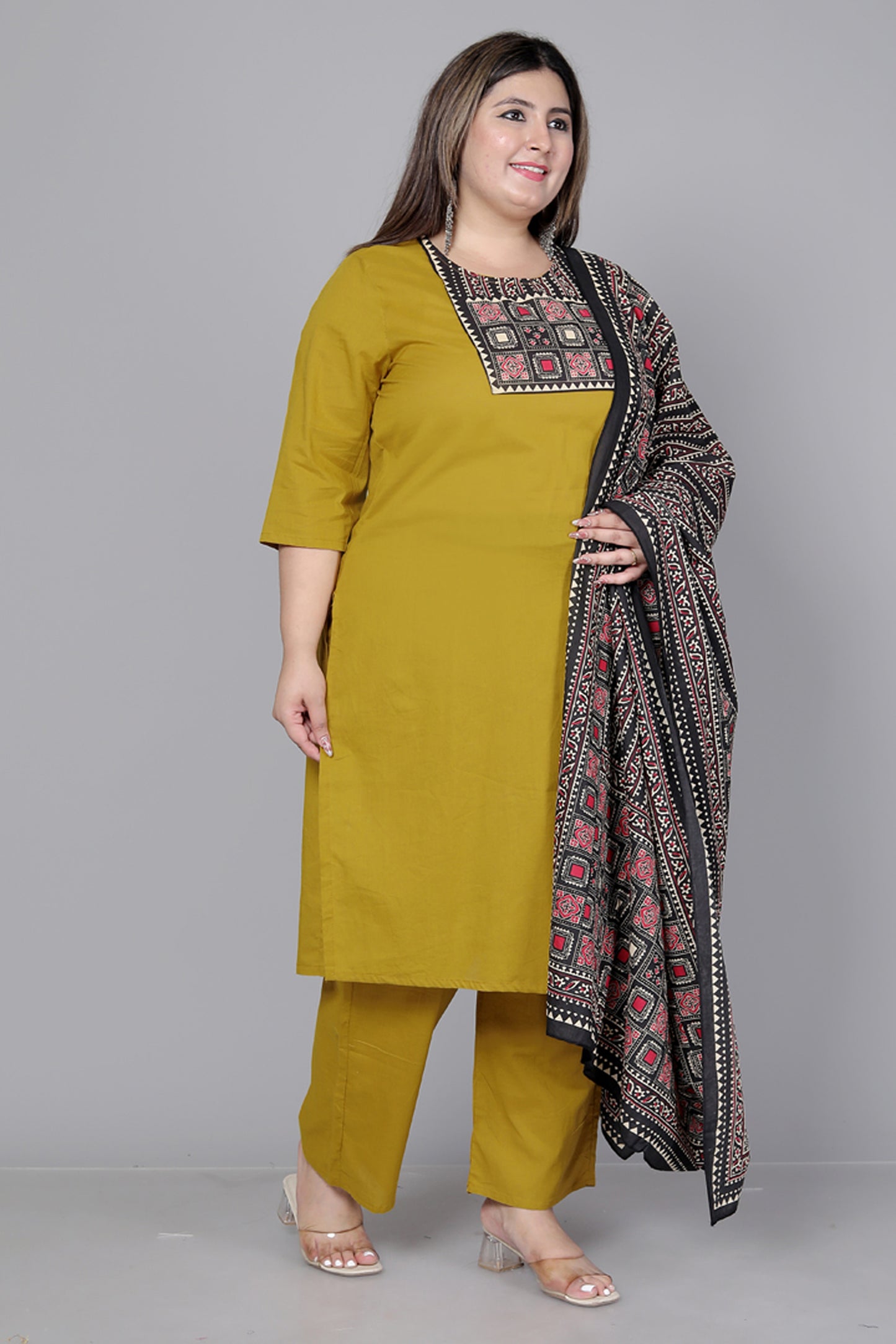 TRIBEL GEOMETRIC SOLID COTTON 3 PEICE KURTI PANT SET IN MUSTURD BY PLUSSIZEKURTI