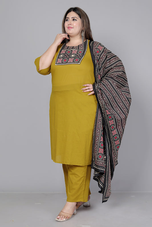 TRIBEL GEOMETRIC SOLID COTTON 3 PEICE KURTI PANT SET IN MUSTURD BY PLUSSIZEKURTI